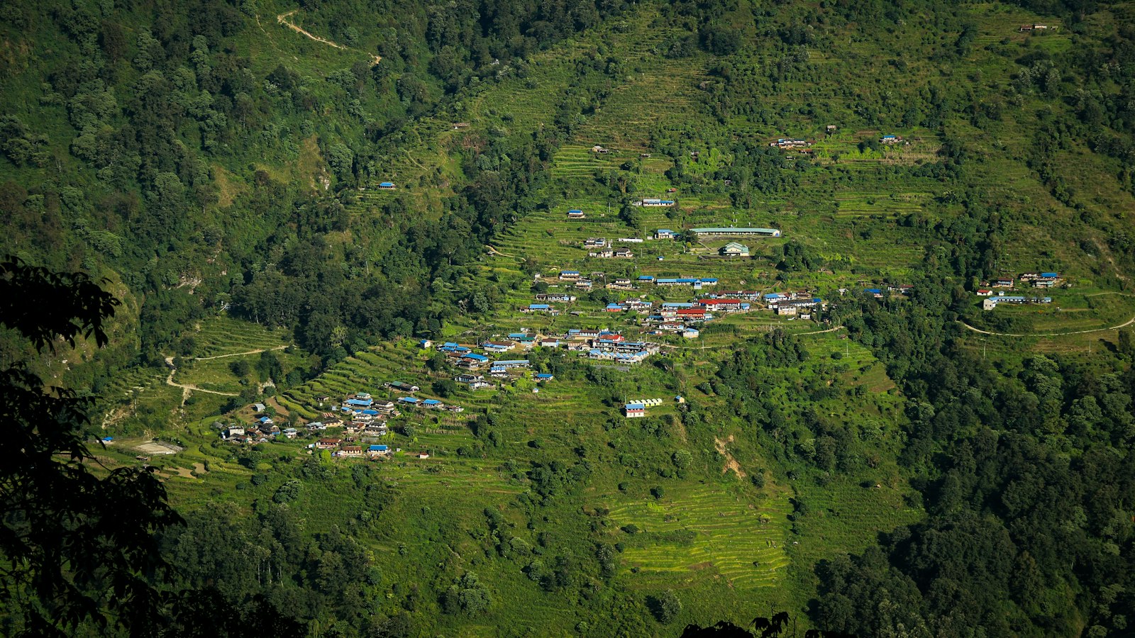 Kaffee aus Nepal: Terrassierte Hänge und Häuser des Dorfes Landruk im Distrikt Kaski