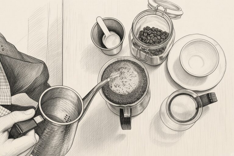 Hario V60 Pour-over mit Schwanenhals-Kanne, Sepia-Skizze