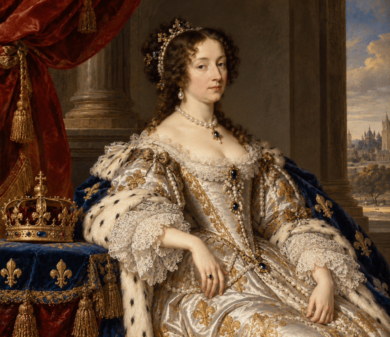 Barockes Porträt von Anna von Österreich in weißem Kleid mit Perlen und Hermelinmantel, daneben die französische Krone