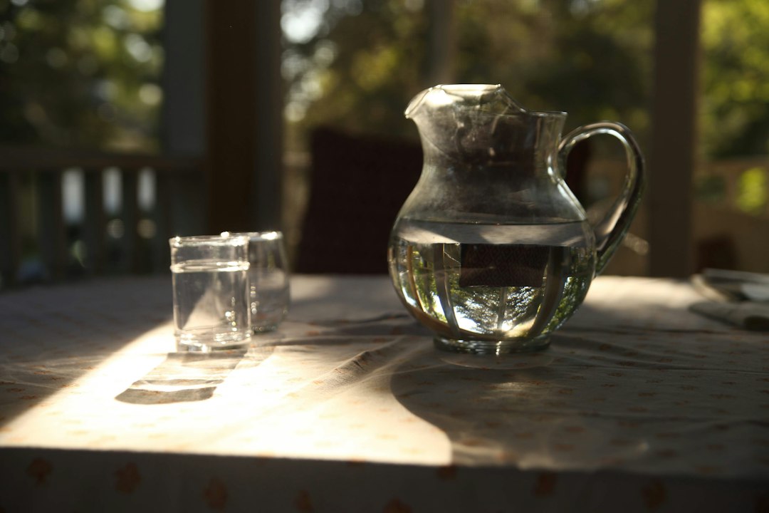 Glass carafe next to a clear drinking glass on a table