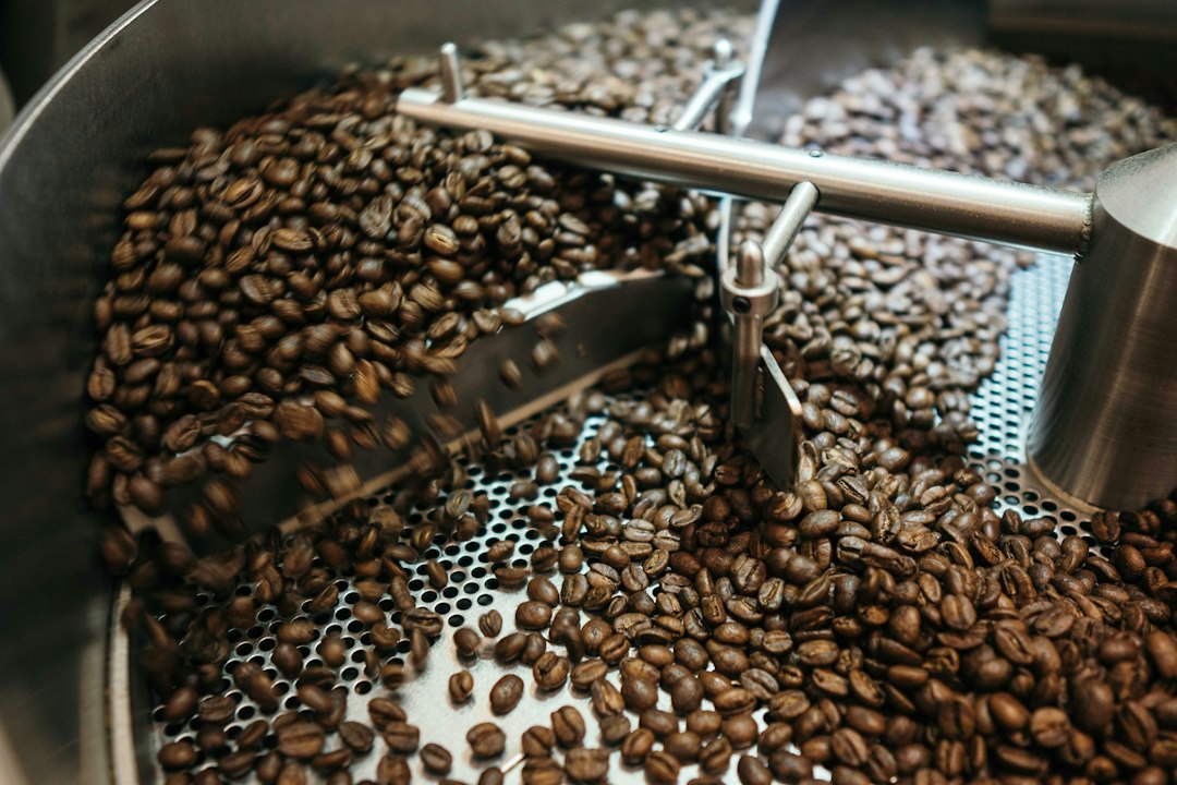 Close-up of coffee beans in a roastery