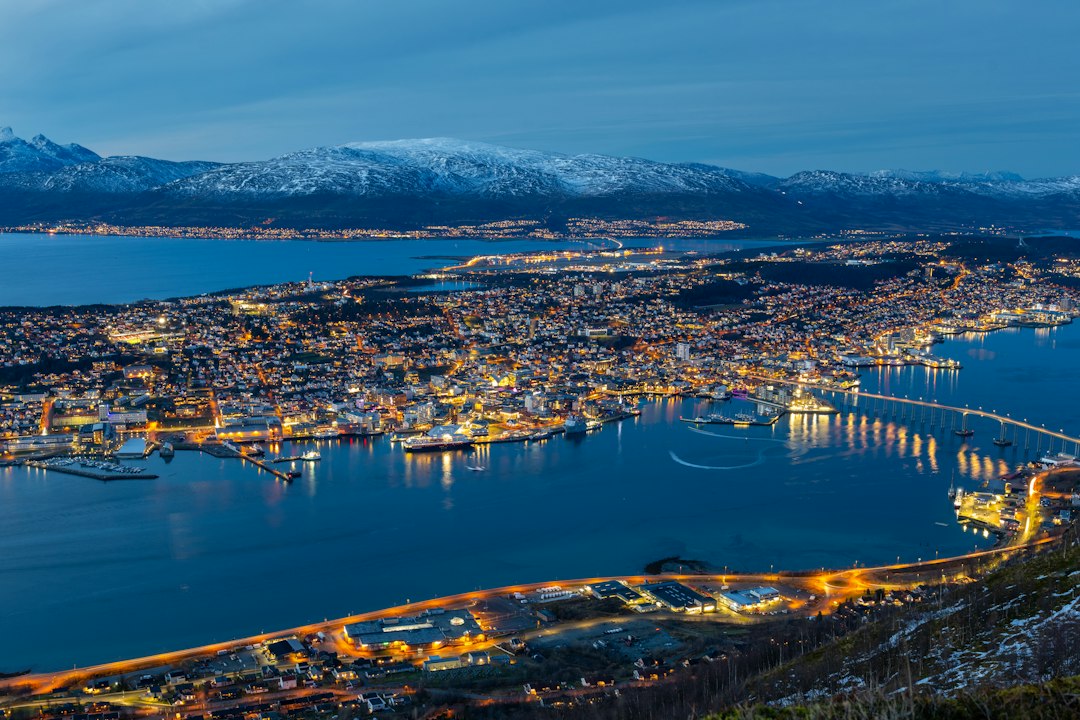 The city of Tromsø at night, photographed from Mount Fløya