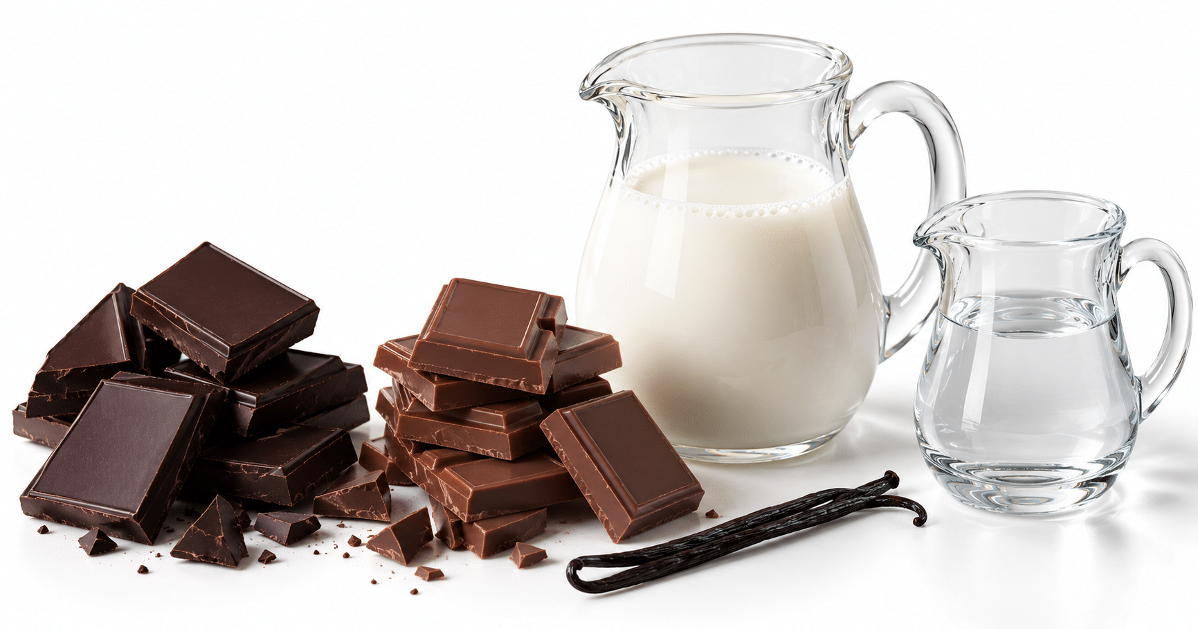Gehackte dunkle Schokolade, Milch und Vanille als Zutaten für Trinkschokolade